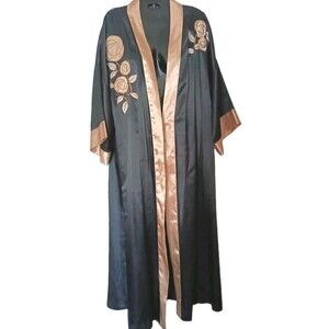 Serenada Satin Kimona Robe Plus Size 1X Black Gold Floral Embroidery Long Satin